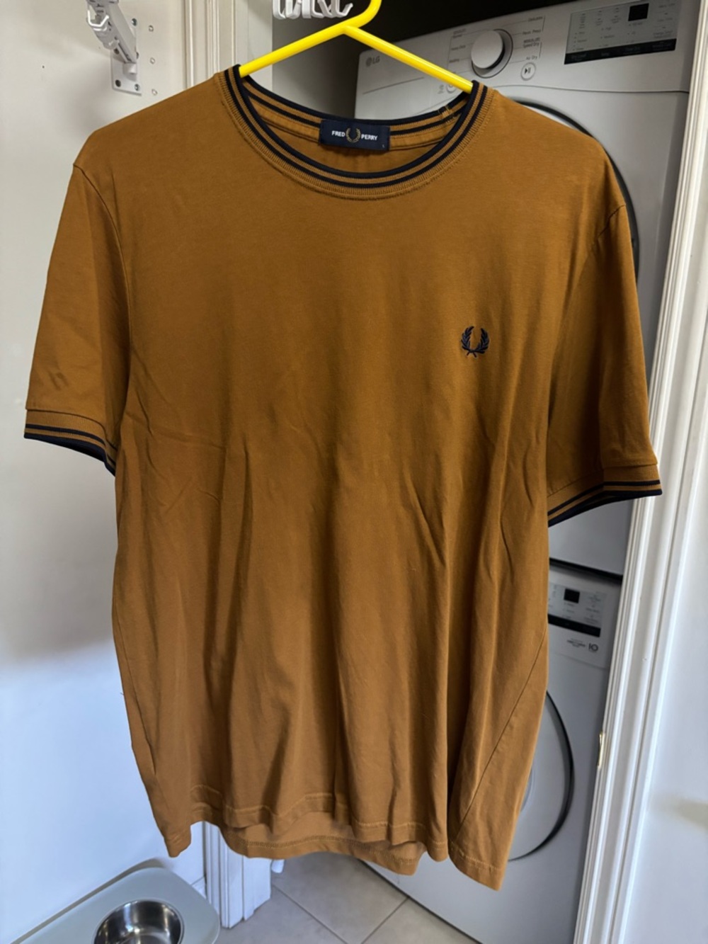 Fred Perry Men’s Mustard Brown Crew Neck T-Shirt with Navy Tipping
